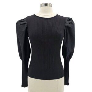 H&M Womens Medium Top Puff Sleeve Fitted Ribbed Knit Blouse Black Party Preppy